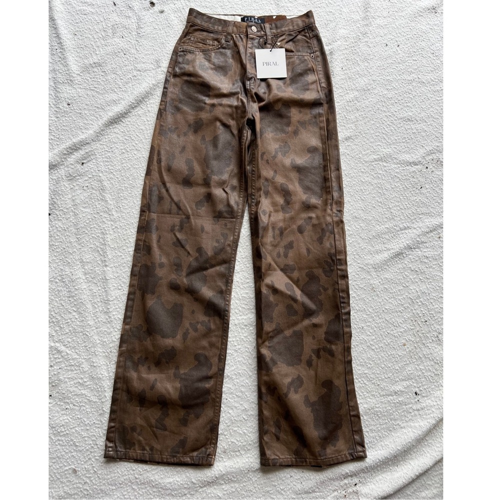 NWT PIRAL Cow Print Coated High Waisted Wide Leg Jeans Brown Metallic Shimmer S